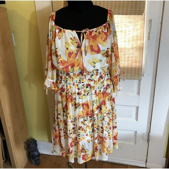 Fig & Flower Anthropologie Floral Chiffon Dress Size 2X 3/4 Sleeve Midi Flirty - Picture 3 of 11